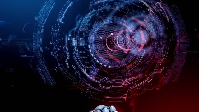 System start. Robot hand pressing screen with futuristic software interface. 