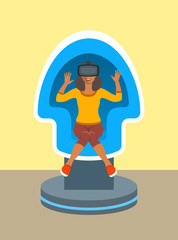 Young african woman with virtual reality glasses in VR egg chair simulator. Flat vector illustration. Virtual 3d technology devices for entertainment. Electronic gaming equipment