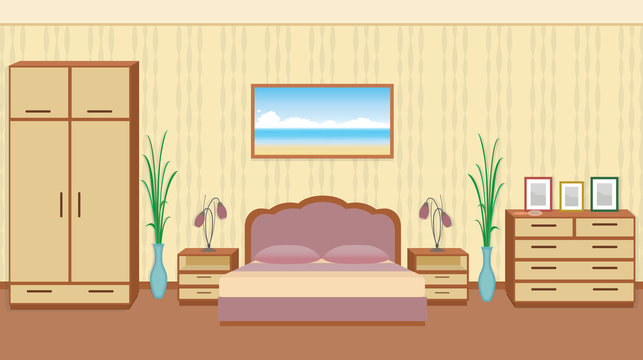 Gracefuul bedroom interior in light colors with furniture and houseplants