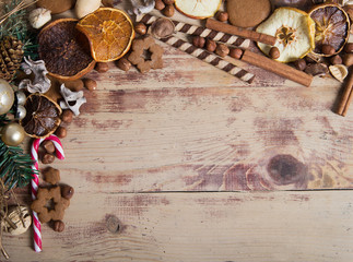 Christmas frame with Christmas tree and baubles.