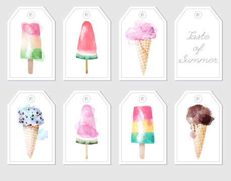 Elements with watercolor ice creams and inscription