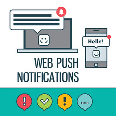 Web push notifications for your website with elements linear icons laptop. Banners. Modern vector design element on white background, flat outline design.
