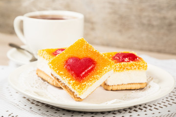 Cake in the form of heart. Romantic breakfast