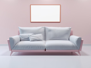 3d interior mockup,framed poster on wall. Sofa in the room in pastel colors. 3d rendering. 3d illustration