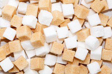 Cubes of sugar cane brown and white refined