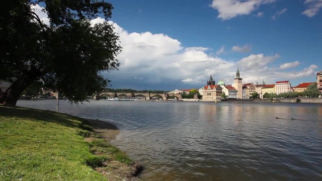 View from Strelecky island on Charles Bridge and Novotny Footbridge in Prague