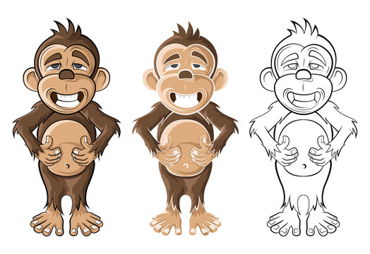 cartoon monkey in full growth that stroking a tummy. Three copies: a fully painted, flat, black and white outline