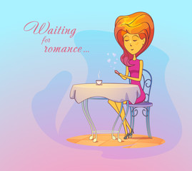 Woman or girl at cafe waiting for date, romance