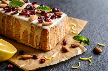 Fruit loaf with cranberries, almond and white chocolate topping