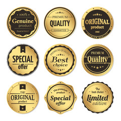 Vector set of classic gold badges and labels. Vintage elements with title Genuine product, Premium quality, Best choice, Limited edition, Special offer, Original product. Isolated from a background.
