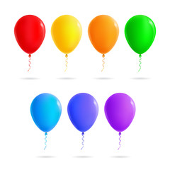 Set of beautiful colorful balloons and ribbons for birthdays, celebrations and parties. Isolated white background.