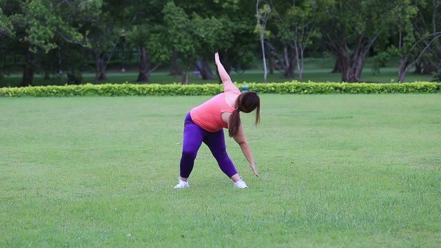 Beautiful obese woman exercising in the park.