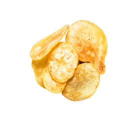 Top view potato chips with pepper isolated on white background. Fast snacks, appetizers, flat lay, composition from above. Unhealthy diet concept.