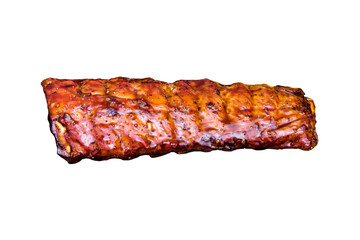 Top view portion of delicious spicy marinated spare pork ribs barbecued isolated on white background. American food, flat lay, composition from above. Grill barbecue concept.