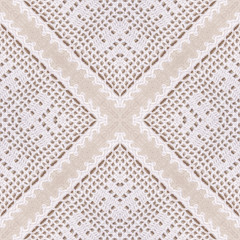 Cotton white crochet background, backdrop for scrapbook, top view. Collage mirror reflection. Seamless kaleidoscope montage for cushion, blanket, pillow, plaid, tablecloth, cloth, bed cloth