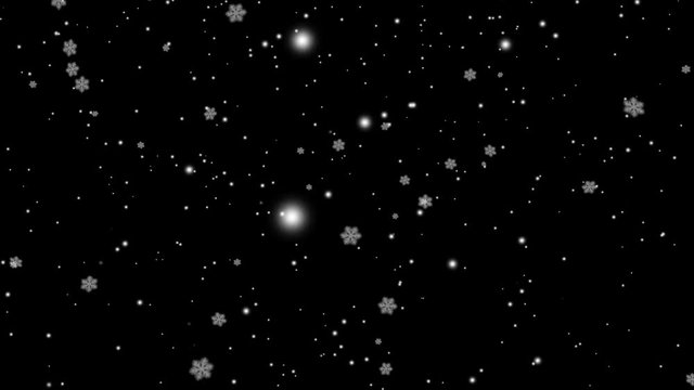 Winter Christmas black background with falling snow. Slow motion snowflake 3D animation, full HD.