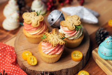 Christmas cookies are on the cream top of cupcake.