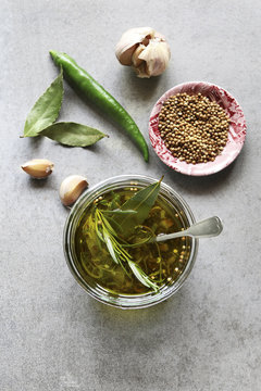 Marinade made from garlic,chilli,coriander and rosemary.Top view