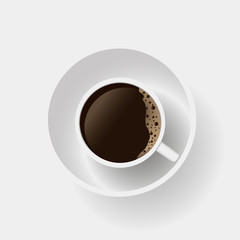 Realistic top view  coffee cup and saucer isolated on white background. Vector illustration