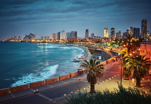 Night view of Tel Aviv, Israel. Vintage retro effect