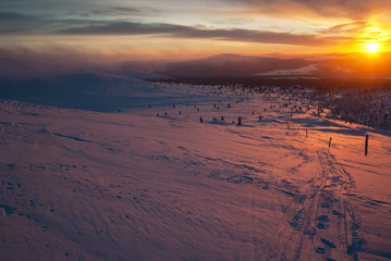 Winter landscape in Finland at sunset