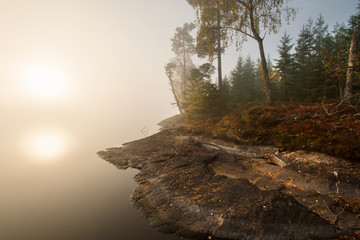 Nebel Sonnenaufgang See Holmasj&ouml;n, Smaland Schweden