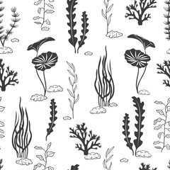 Seamless pattern with corals, seaweeds, shells and stones silhouettes. Underwater algae. Vector black and white marine background.