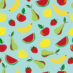 Colorful doodle fruits seamless pattern. Vector fruit background