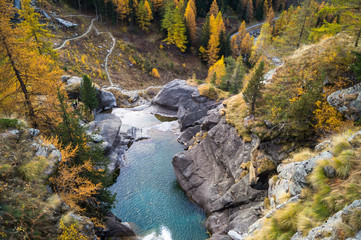 blue pond at the bottom of the waterfall, mountain landscape, long exposure silky water