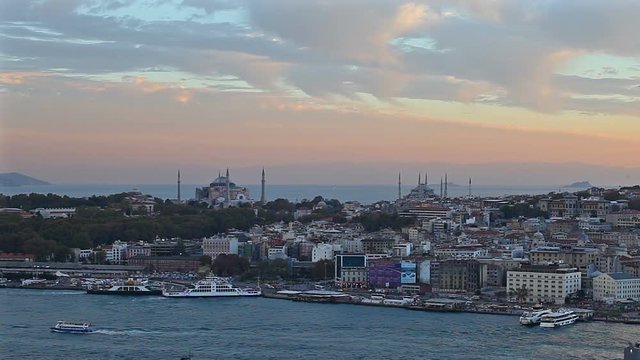 The historic center of Istanbul at sunset. Golden Horn, Turkey