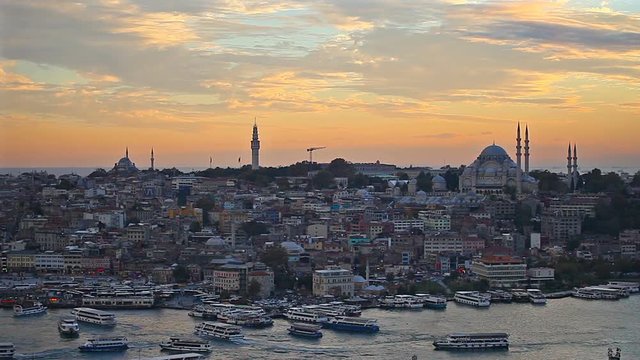 The historic center of Istanbul at sunset. Golden Horn, Turkey