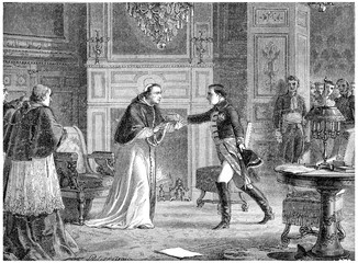 Napoleon visiting Pius VII at Fontainebleau, vintage engraving. - obrazy, fototapety, plakaty