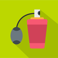 Pink perfume bottle with vaporizer icon. Flat illustration of perfume bottle with vaporizer vector icon for web isolated on green background