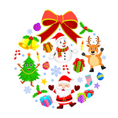 Christmas Characters and Christmas elements design in circle shape. Santa Claus, Snowman, Tree, Reindeer cartoon illustration.  Isolated on white background.
