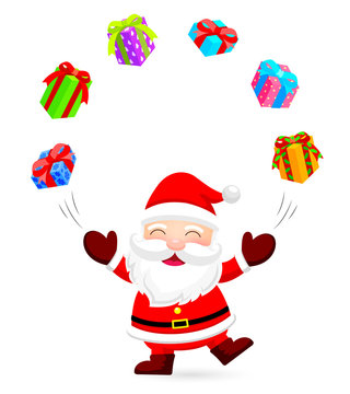 Happy Santa Claus juggles with gift boxes. Christmas illustration. Isolated on white background.