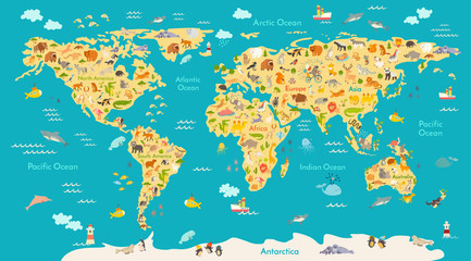 Tierkarte für Kinder. Weltvektorposter für Kinder, niedlich illustriert. Vorschul-Cartoon-Globus mit Tieren. Ozeane und Kontinent: Südamerika, Eurasien, Nordamerika, Afrika, Australien. Baby-Weltkarte © coffeee_in
