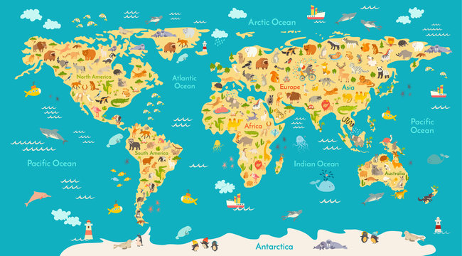 Animal map for kid. World vector poster for children, cute illustrated. Preschool cartoon globe with animals. Oceans and continent: South America,Eurasia,North America,Africa, Australia.Baby world map © coffeee_in