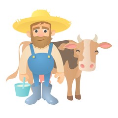 Farmer with cow icon. Flat illustration of farmer with cow vector icon for web