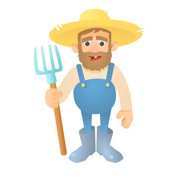Farmer with pitchfork icon. Flat illustration of farmer with pitchfork vector icon for web