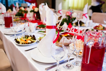 Served banquet table in restaurant