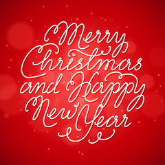 Merry Christmas and Happy New Year lettering for invitation, greeting card, posters. Hand drawn festive inscription on red background.