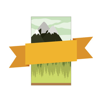 frame mountain landscape with central ribbon vector illustration