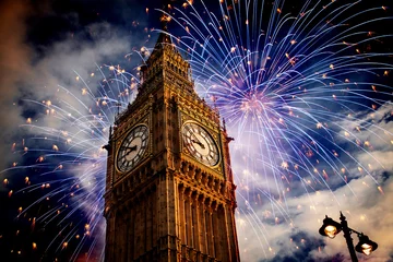 Fotobehang Big Ben with fireworks. New Year's Eve © Melinda Nagy