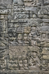 Bas relief carving, mortarless stone wall, Elephant Terrace, Angkor Thom, Siem Reap, Cambodia