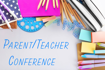 Stationary with text PARENT/TEACHER CONFERENCE on white background. School concept.