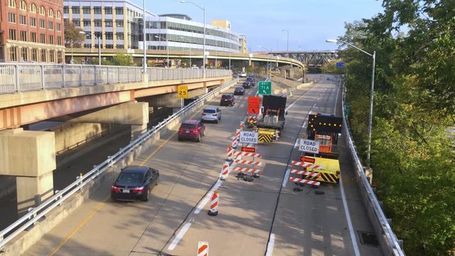 Traffic gets detoured in downtown Pittsburgh due to a closed road.	