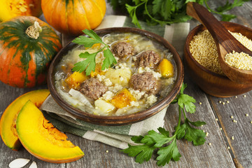 Cabbage soup with meatballs and pumpkin
