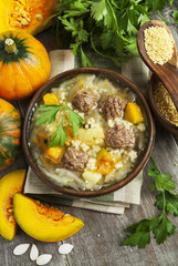 Cabbage soup with meatballs and pumpkin
