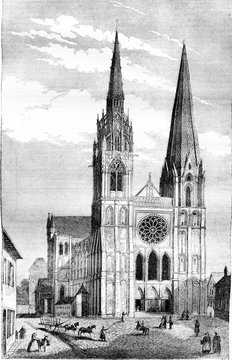 Chartres Cathedral, vintage engraving.