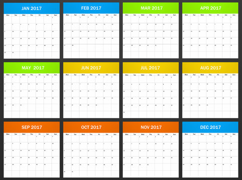 European Planner blank for 2017. Scheduler, agenda or diary template. Week starts on monday